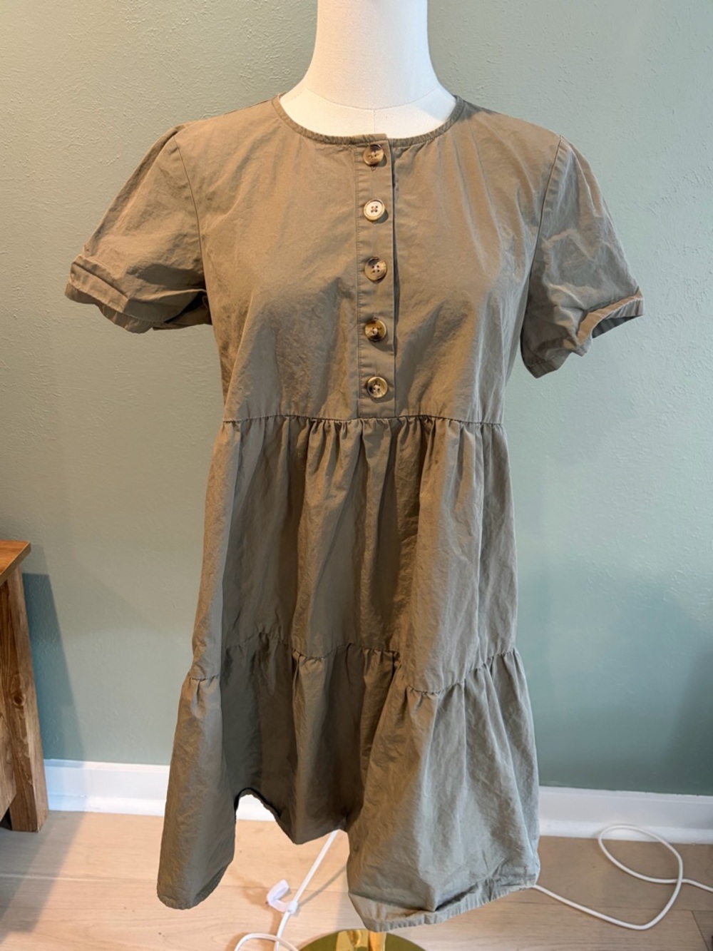 Madewell Olive Button-Front Tiered Mini Dress XS - Picture 3 of 5